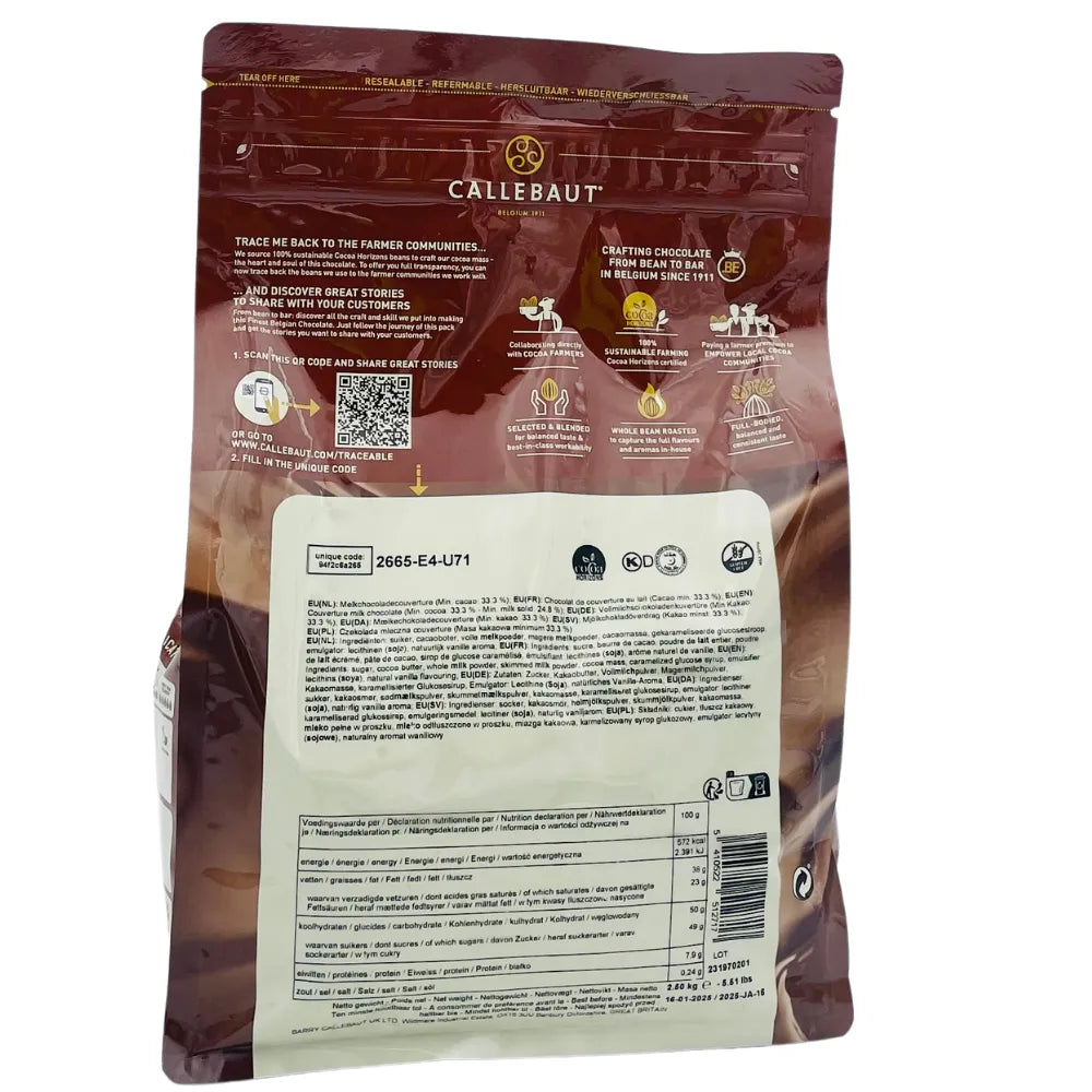 Chocolat de Couverture au Lait Callebaut 2665 32% - 2,5 kg - Secret des chefs